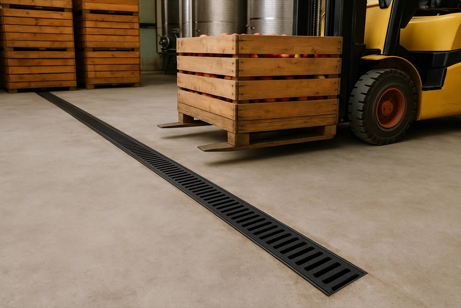 Cider processing facility linear drainage brewmaster forklift rated