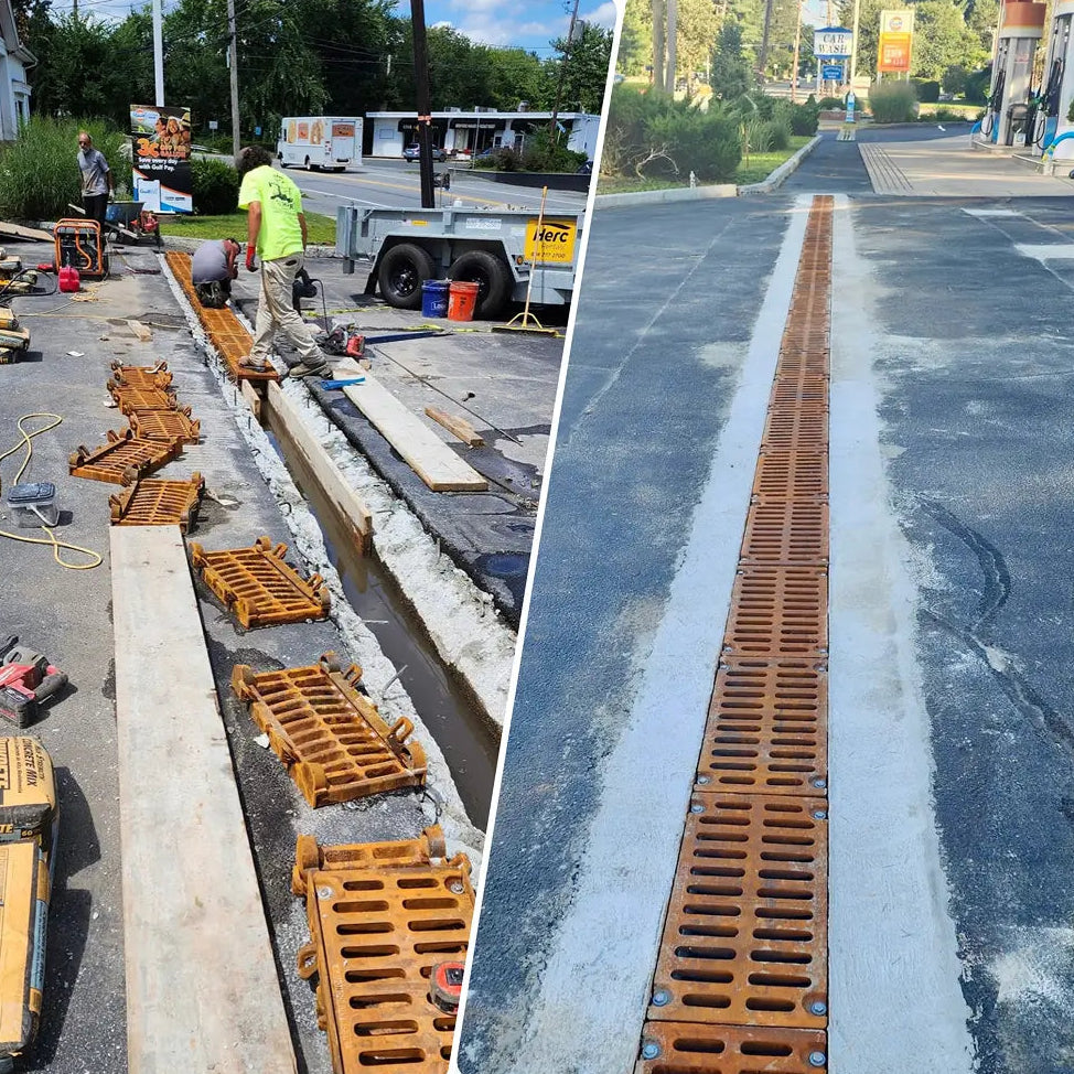 Gas station 12 inch wide trench_ rain frame and grate Leo